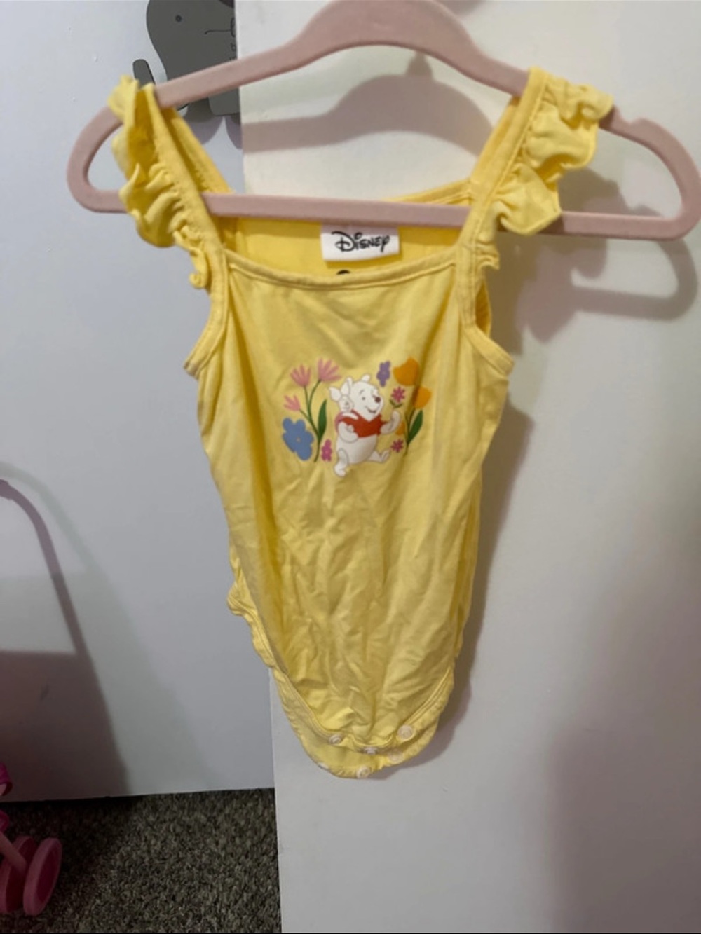 Disney Yellow Winnie the Pooh Ruffle-Strap Tank Top with Floral Graphic